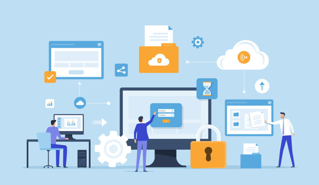 business technology cloud computing service and technology file upload backup on cloud server storage concept with team administrator and developer working login on computer monitor